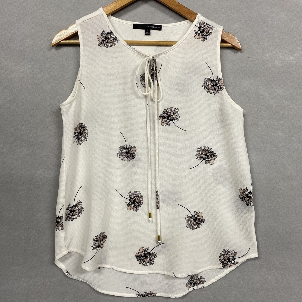 Harve Benard Women M Blouse Off-White Floral Tie Front Office Career HBW396